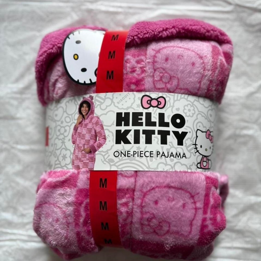 Hello Kitty Pink Checkered One-Piece Pajama Union Suit Plush Fleece Hooded M NWT